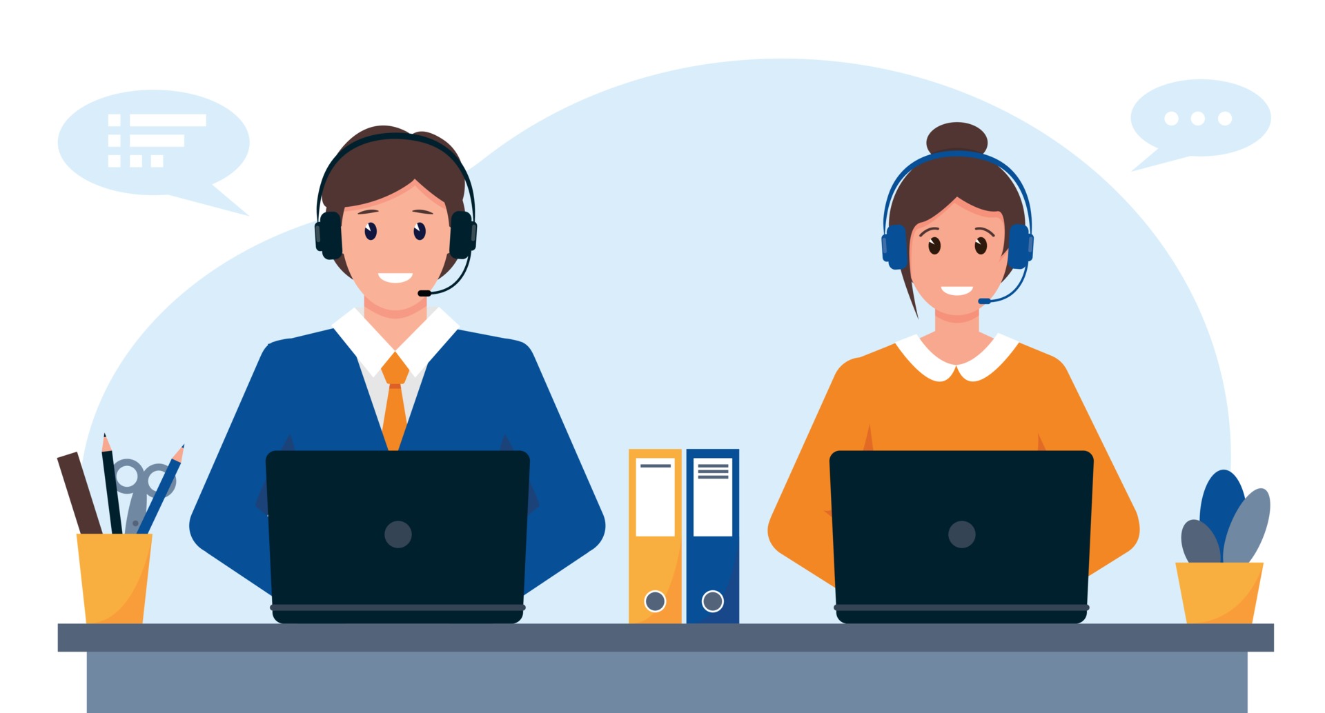 young-man-and-woman-with-headphones-microphone-and-computer-customer-service-support-or-call-center-concept-free-vector